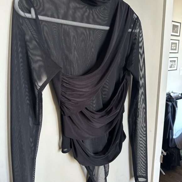 PLT: Black Mesh Drape Front High Neck Long Sleeve Bodysuit - Picture 5 of 5